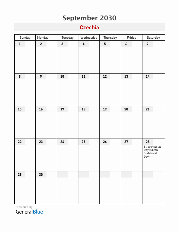 Czechia September 2030 Calendar with Holidays