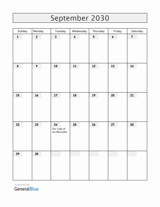 Dominican Republic September 2030 Calendar with Holidays