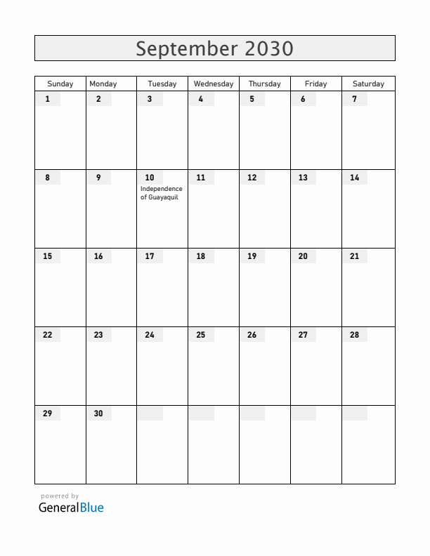 Ecuador September 2030 Calendar with Holidays