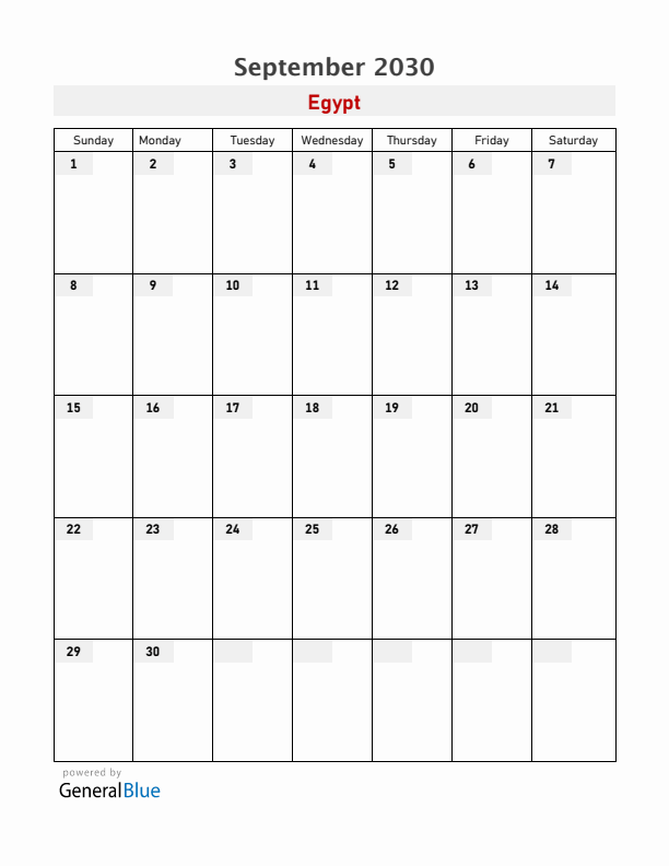 Egypt September 2030 Calendar with Holidays