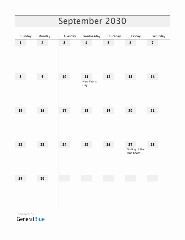 Ethiopia September 2030 Calendar with Holidays