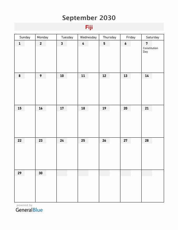 Fiji September 2030 Calendar with Holidays