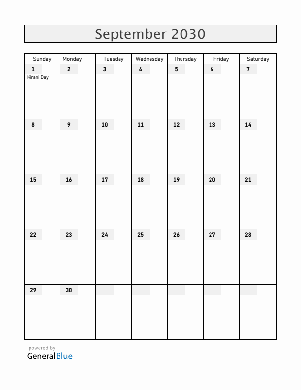 Grenada September 2030 Calendar with Holidays