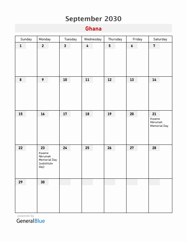 Ghana September 2030 Calendar with Holidays