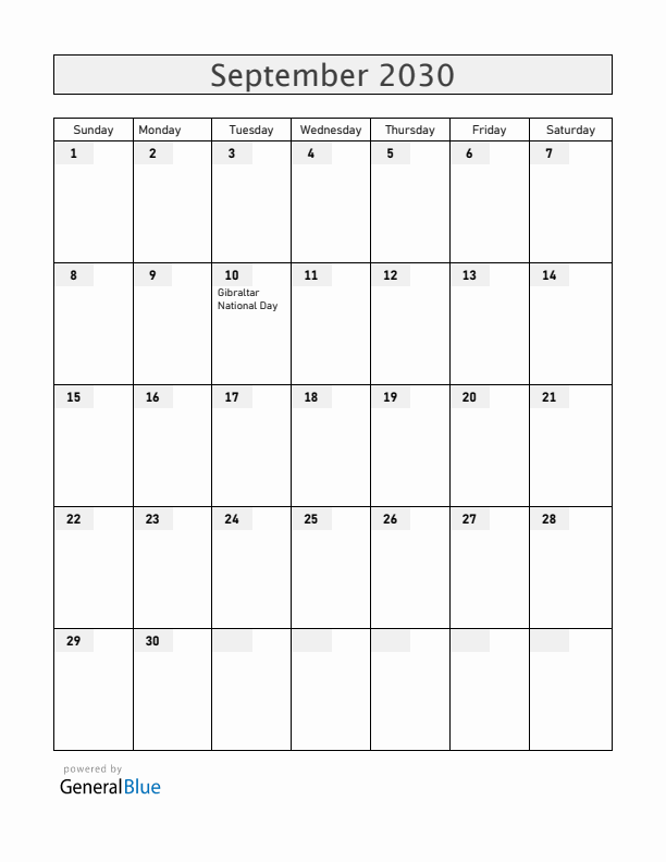 Gibraltar September 2030 Calendar with Holidays