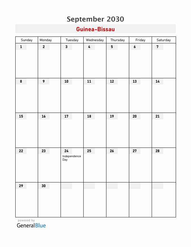 Guinea-Bissau September 2030 Calendar with Holidays