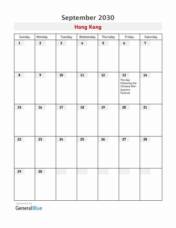 Hong Kong September 2030 Calendar with Holidays