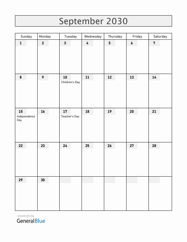 Honduras September 2030 Calendar with Holidays