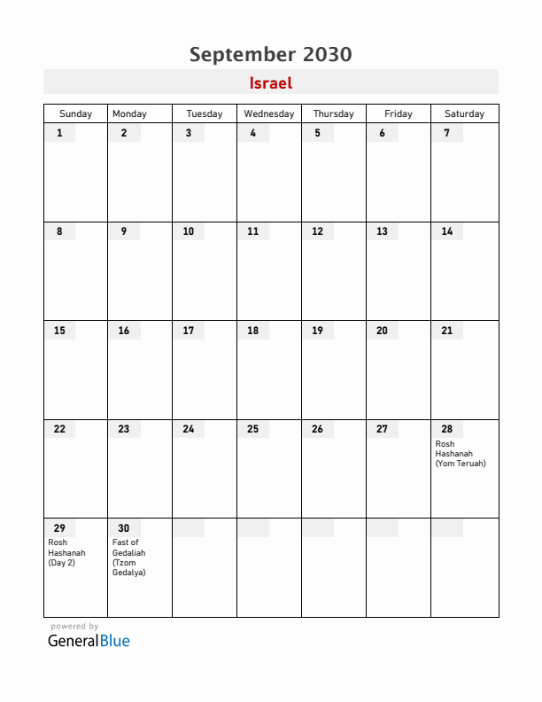 Israel September 2030 Calendar with Holidays