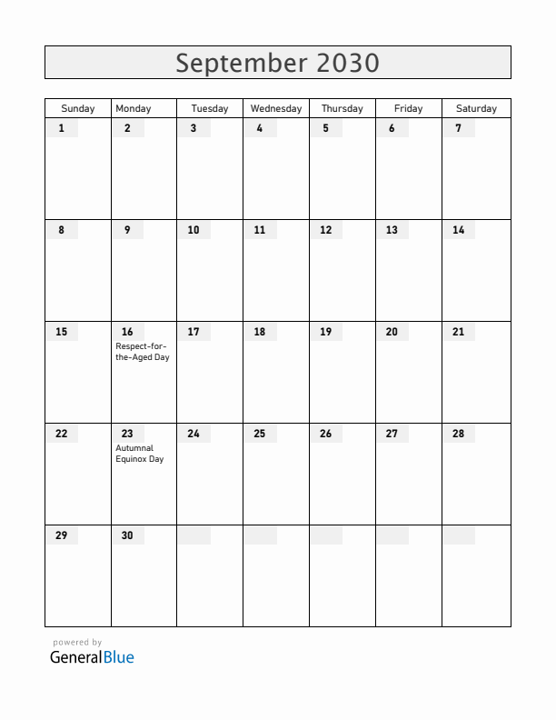 Japan September 2030 Calendar with Holidays