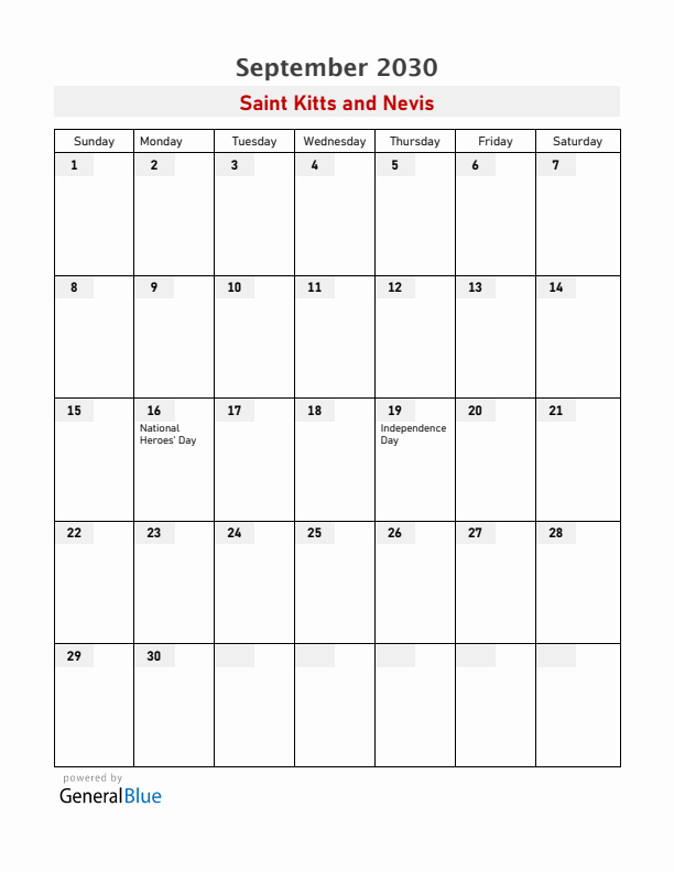Saint Kitts and Nevis September 2030 Calendar with Holidays