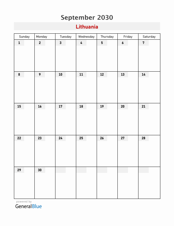 Lithuania September 2030 Calendar with Holidays