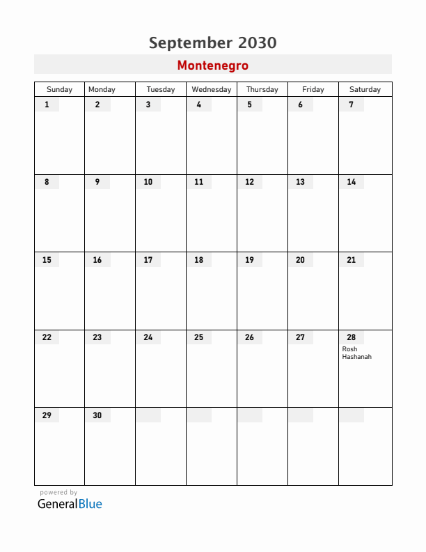 Montenegro September 2030 Calendar with Holidays