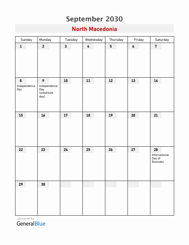 North Macedonia September 2030 Calendar with Holidays