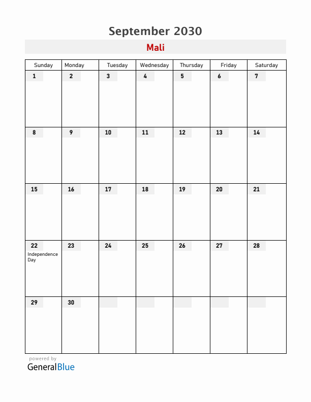 Mali September 2030 Calendar with Holidays