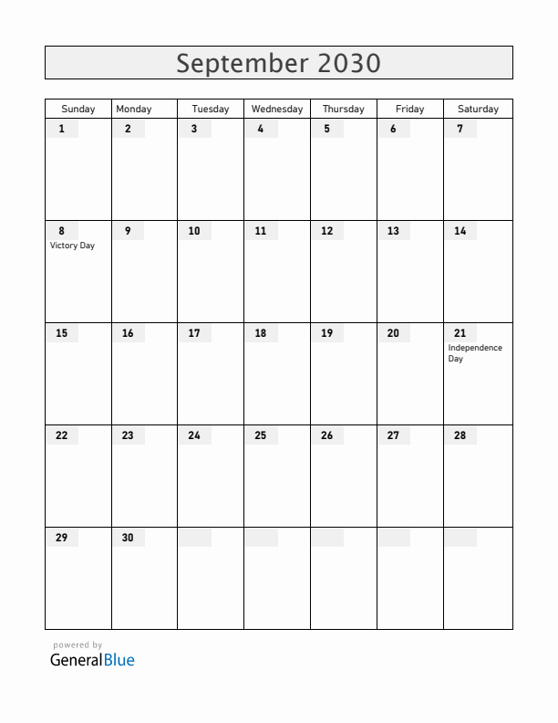 Malta September 2030 Calendar with Holidays