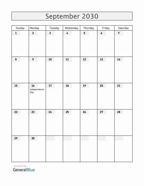 Mexico September 2030 Calendar with Holidays