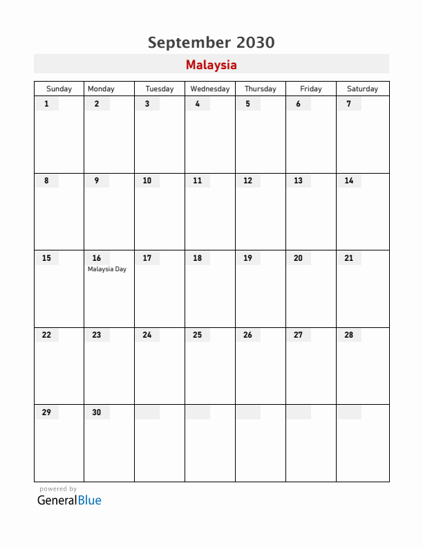 Malaysia September 2030 Calendar with Holidays