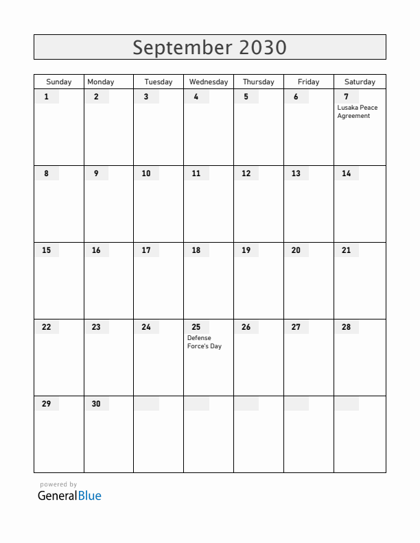 Mozambique September 2030 Calendar with Holidays