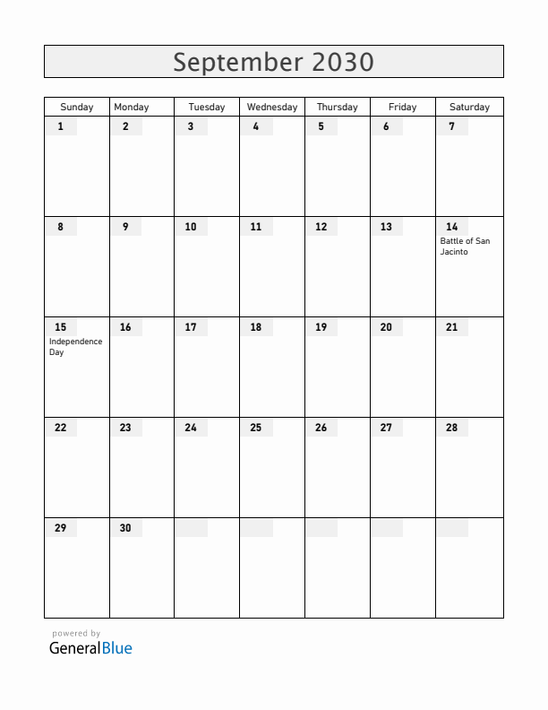 Nicaragua September 2030 Calendar with Holidays