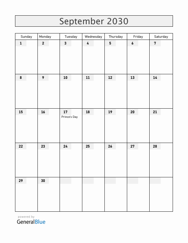 The Netherlands September 2030 Calendar with Holidays