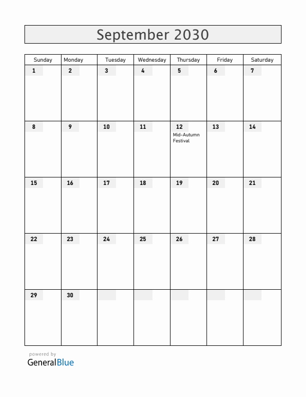 Philippines September 2030 Calendar with Holidays