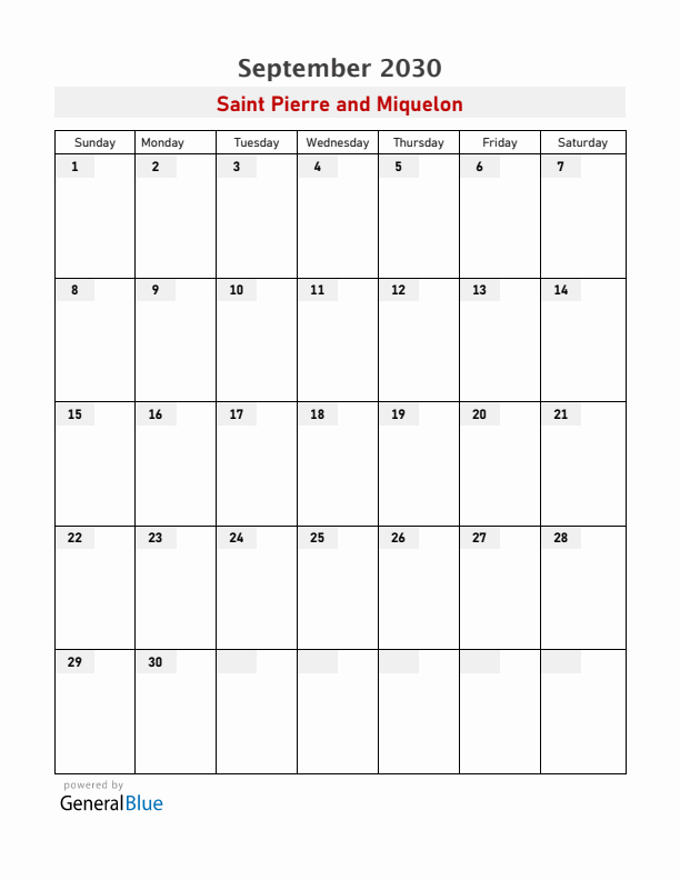 Saint Pierre and Miquelon September 2030 Calendar with Holidays