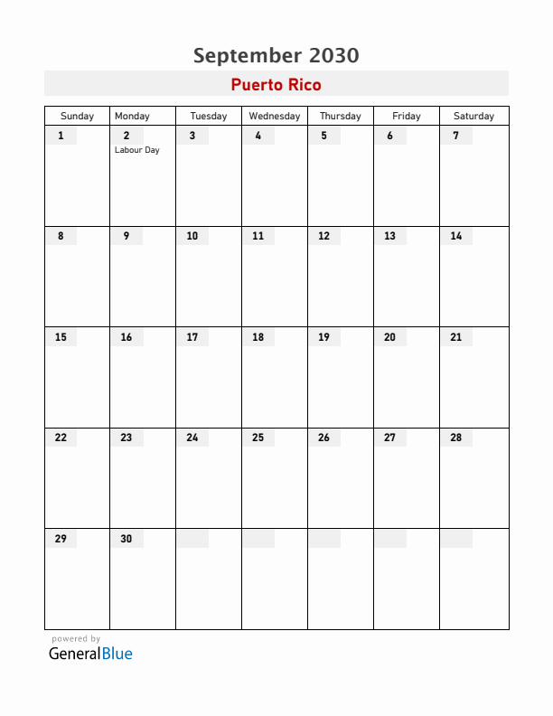 Puerto Rico September 2030 Calendar with Holidays