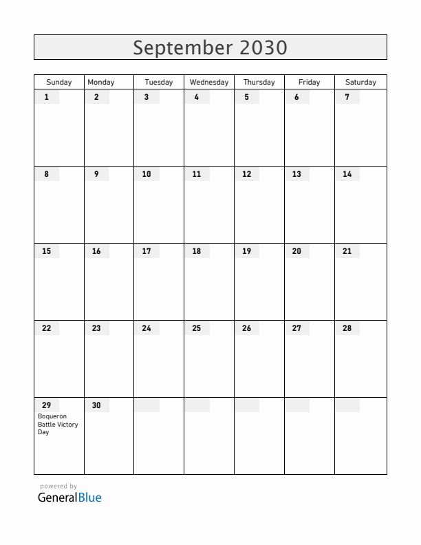 Paraguay September 2030 Calendar with Holidays