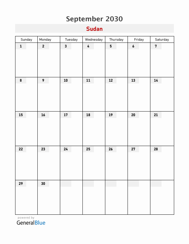 Sudan September 2030 Calendar with Holidays