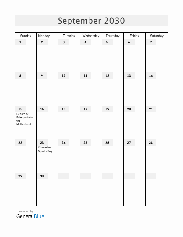 Slovenia September 2030 Calendar with Holidays