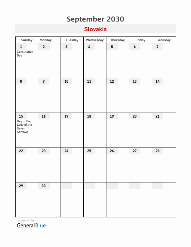 Slovakia September 2030 Calendar with Holidays