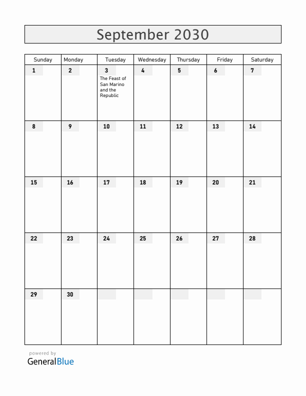 San Marino September 2030 Calendar with Holidays
