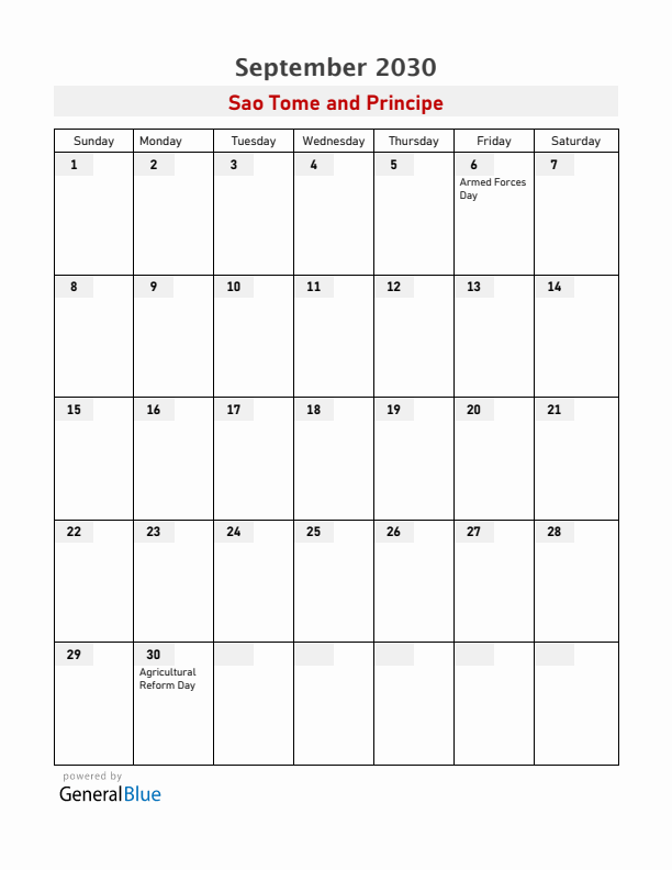 Sao Tome and Principe September 2030 Calendar with Holidays
