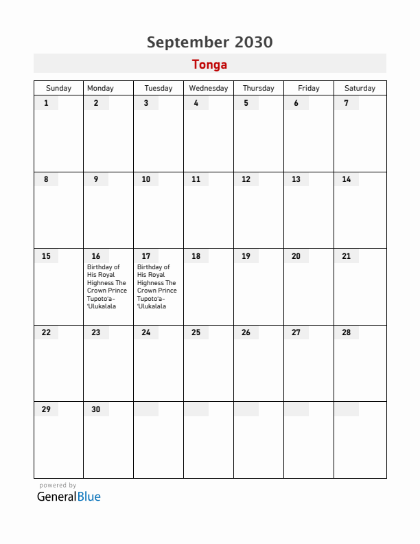 Tonga September 2030 Calendar with Holidays