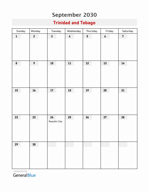 Trinidad and Tobago September 2030 Calendar with Holidays