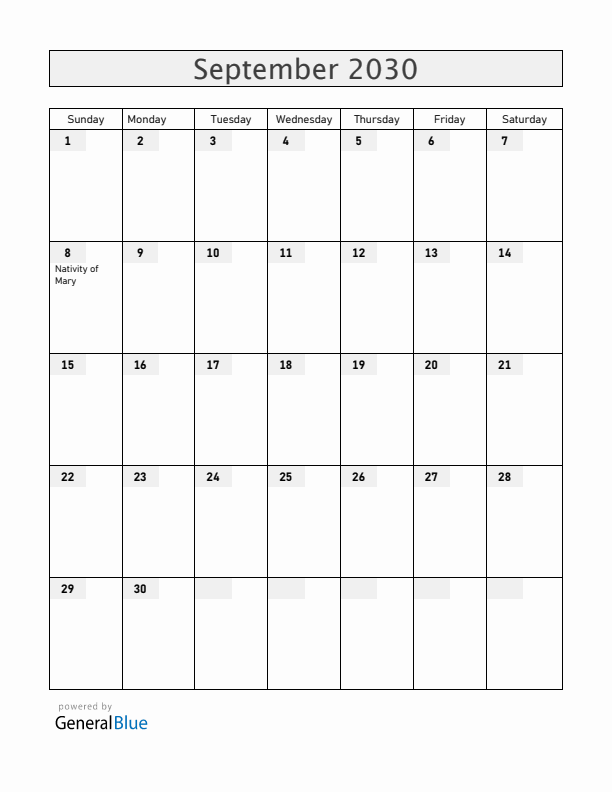 Vatican September 2030 Calendar with Holidays