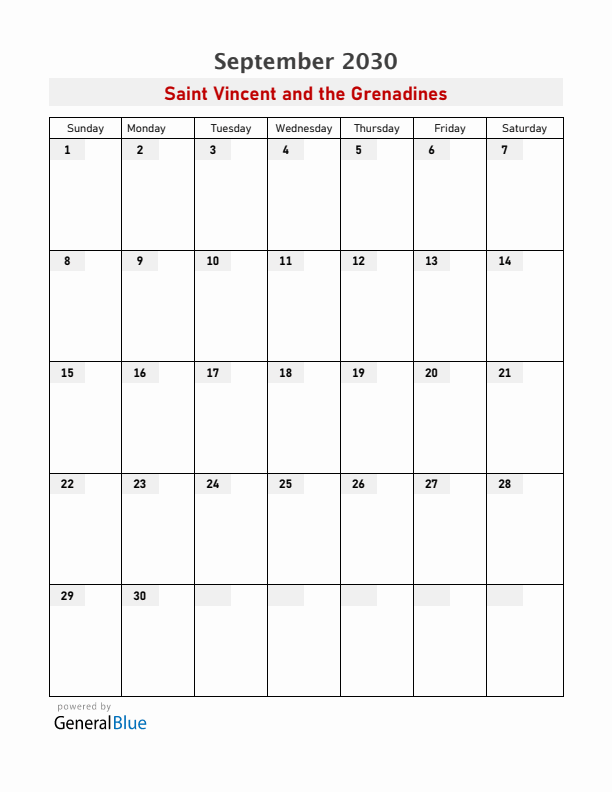 Saint Vincent and the Grenadines September 2030 Calendar with Holidays