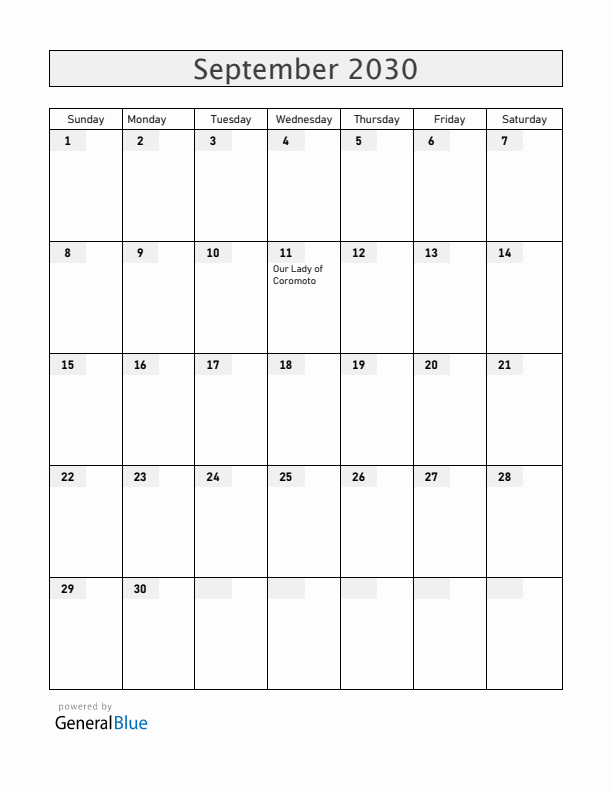 Venezuela September 2030 Calendar with Holidays