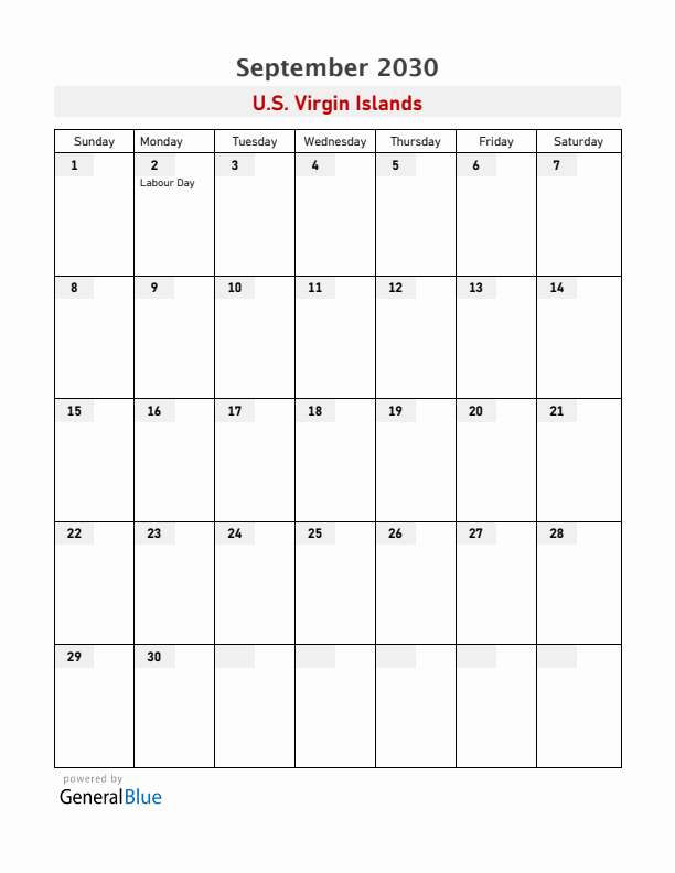 U.S. Virgin Islands September 2030 Calendar with Holidays