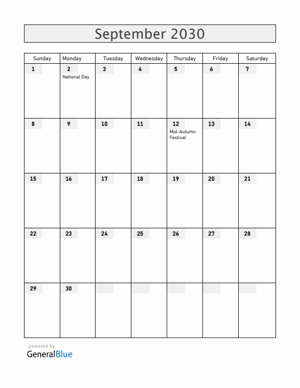 Vietnam September 2030 Calendar with Holidays