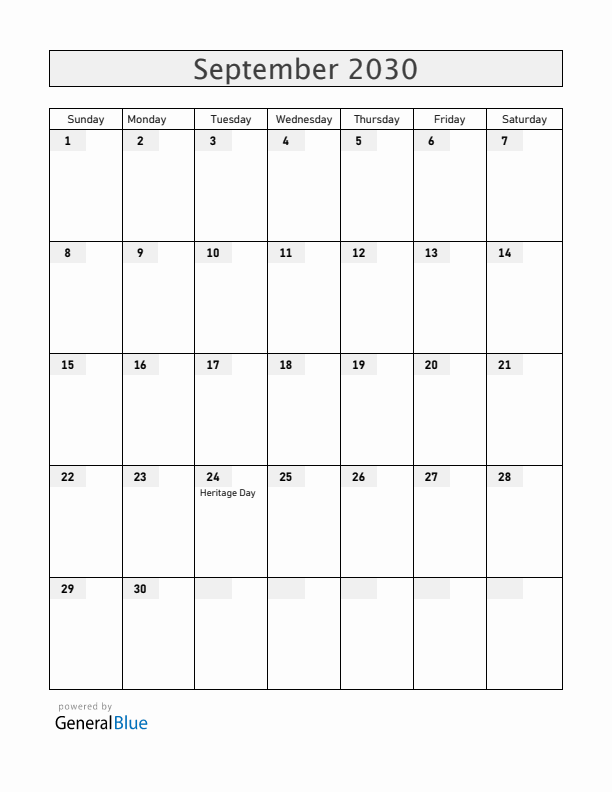 South Africa September 2030 Calendar with Holidays