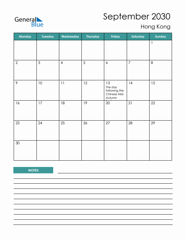 Calendar with Notes Printable - Monday Start