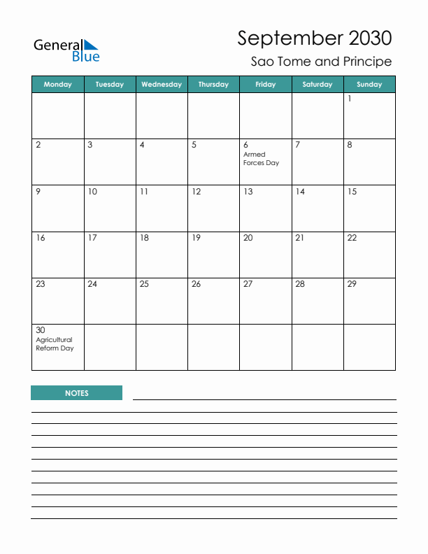 Calendar with Notes Printable - Monday Start