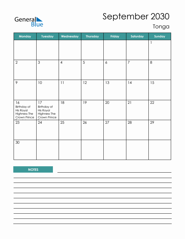 Calendar with Notes Printable - Monday Start