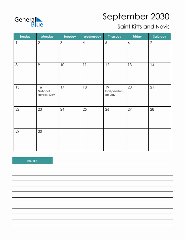 Calendar with Notes Printable - Sunday Start
