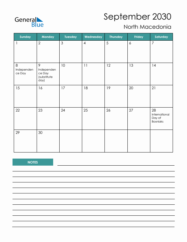 Calendar with Notes Printable - Sunday Start
