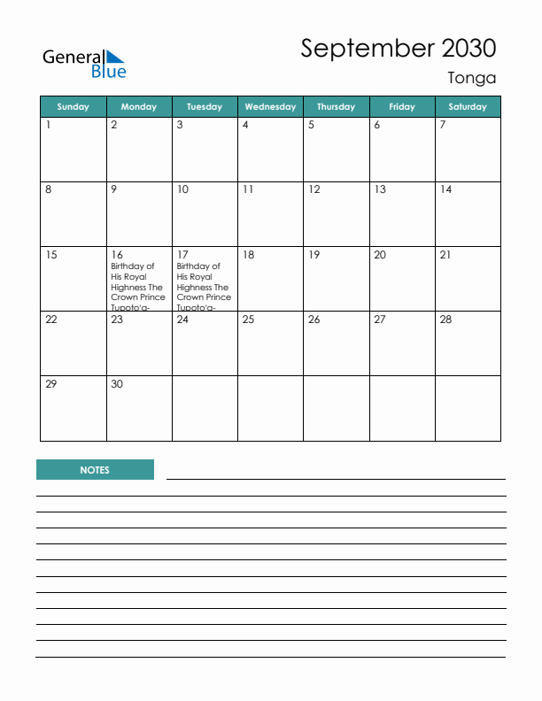Calendar with Notes Printable - Sunday Start