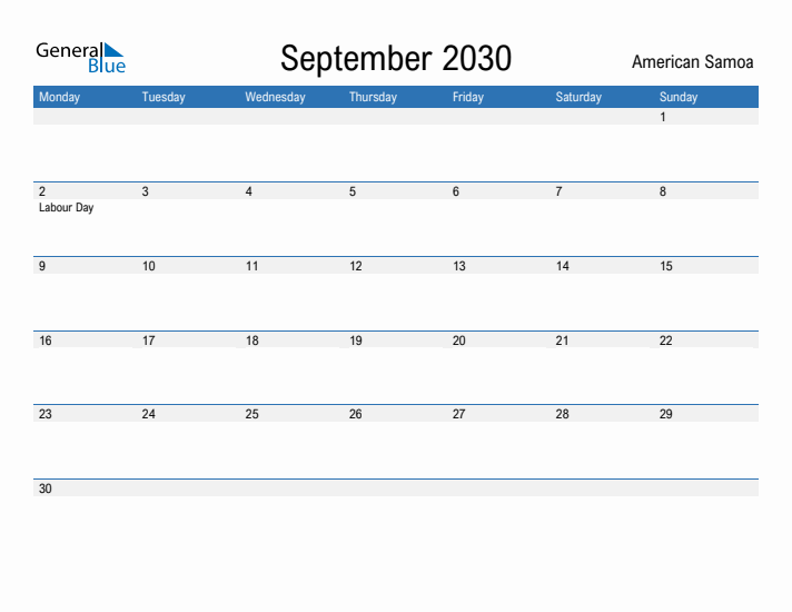 Fillable September 2030 Calendar