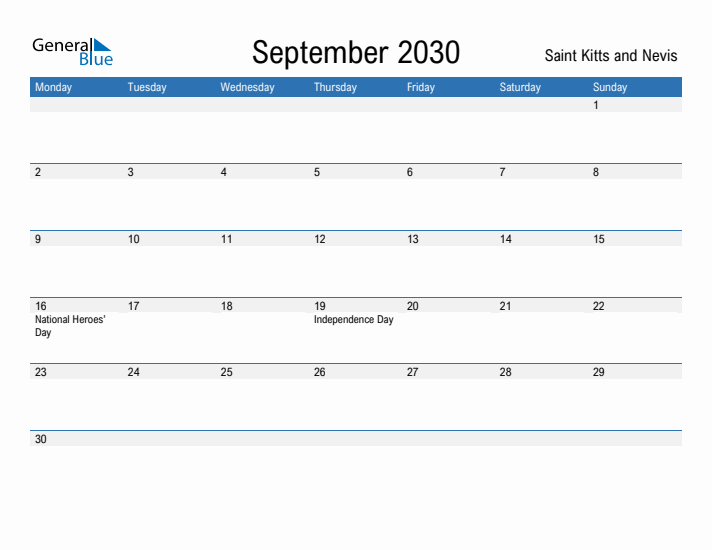 Fillable September 2030 Calendar